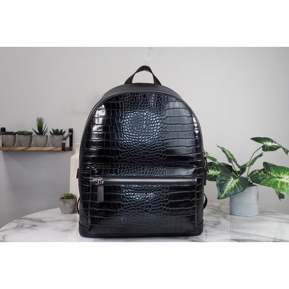 NWT Michael Kors Men's Cooper Crocodile Black Embossed Leather Shoulder Backpack - Picture 2 of 8